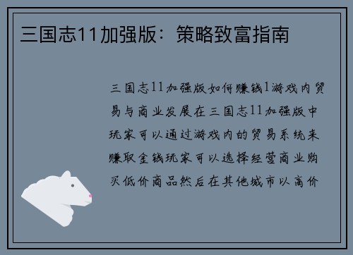 三国志11加强版：策略致富指南